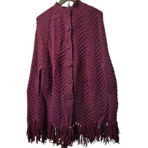 Vintage VTG Hamdmade Crochet Cape Shaw Small Arm Holes Button Up Purple Fringe